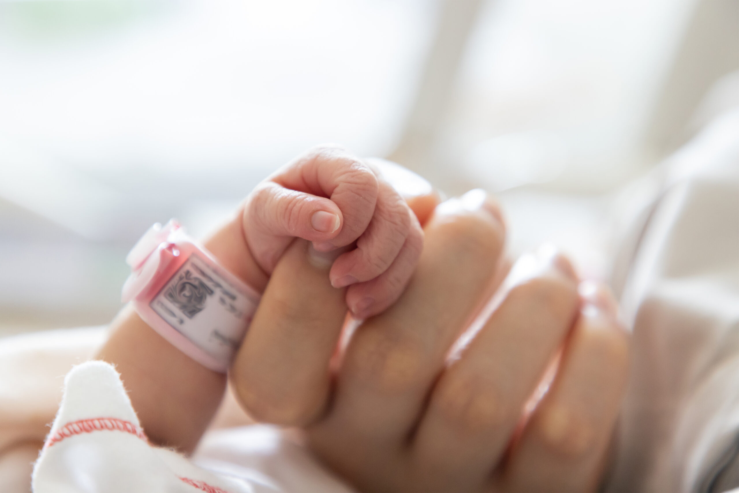 Pequeña mano de bebé recién nacido sosteniendo dedo de su mamá en una clínica porque cuenta con seguro para bebé